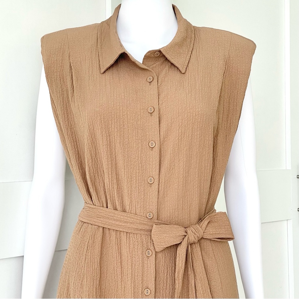 CALVIN KLEIN Crepe Dress Sleeveless Button Front Textured Side Pockets Belted - Picture 2 of 9